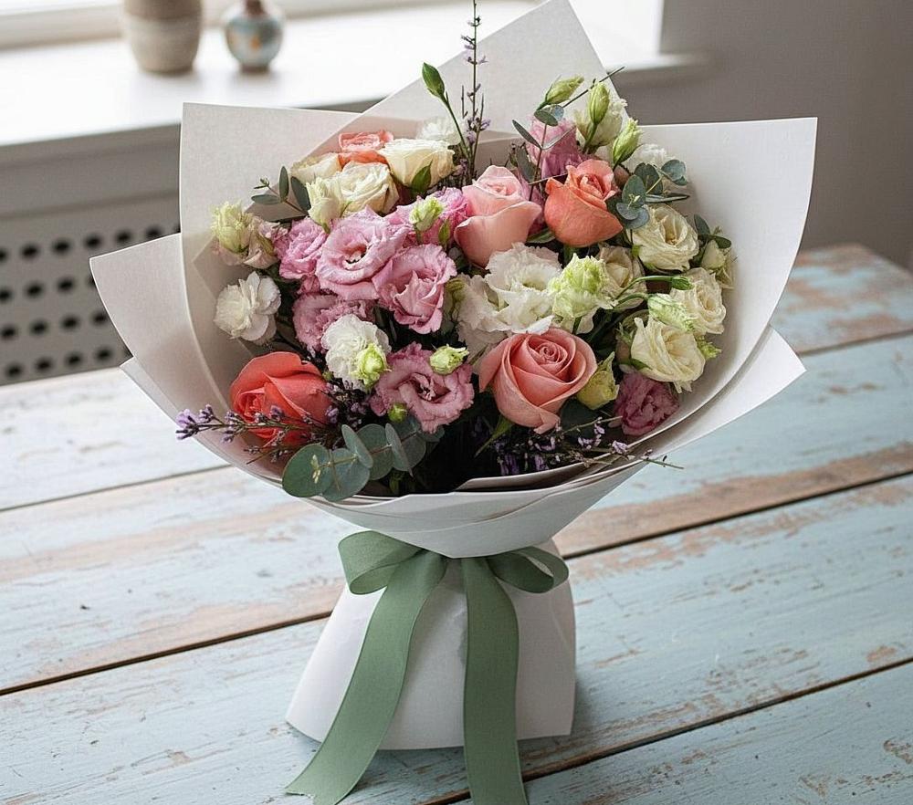 Букет цветов из: Розы, Лизиантусы и Гвоздики в Емельяновке