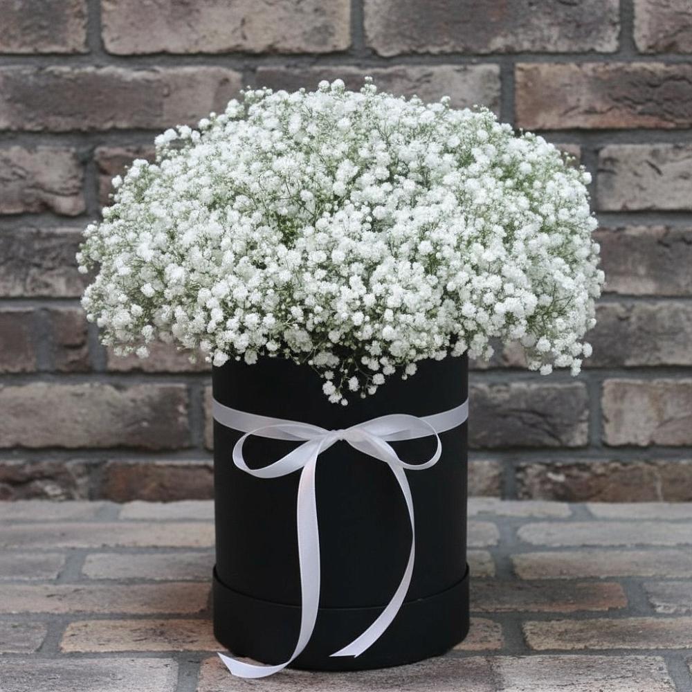 Цветочная композиция из Гипсофила в шляпной коробке в Емельяновке