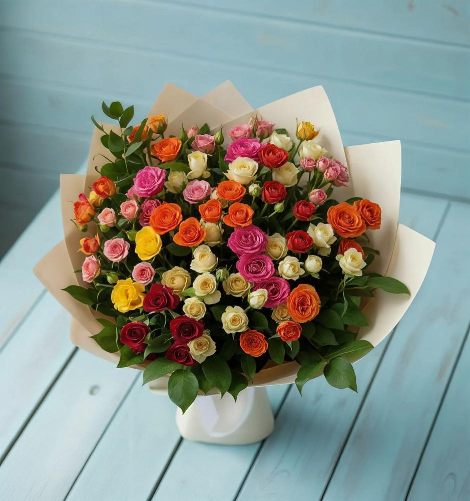 Букет Микс из разноцветных кустовых роз в Емельяновке