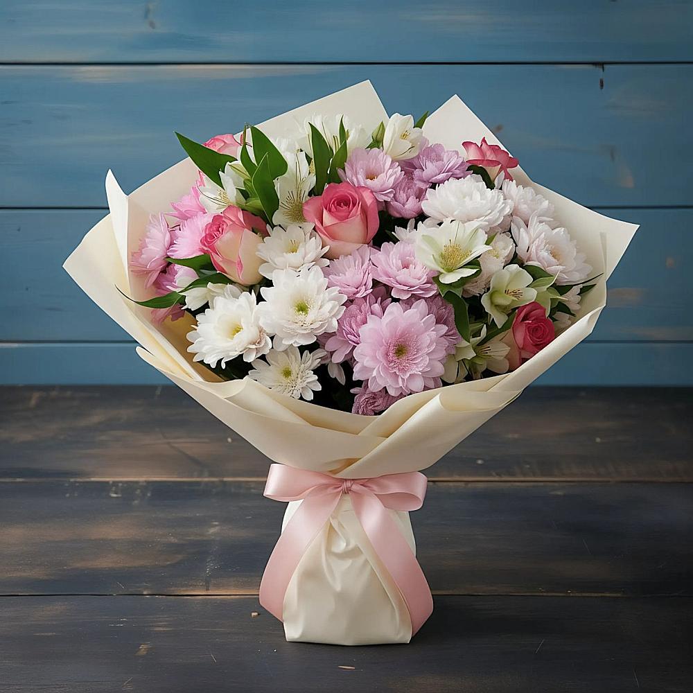 Букет цветов из: Хризантемы, Альстромерии и Розы в Емельяновке